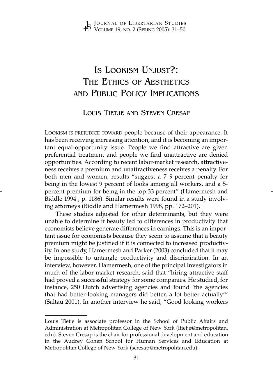 Is Lookism Unjust?: The Ethics of Aesthetics and Public Policy Implications