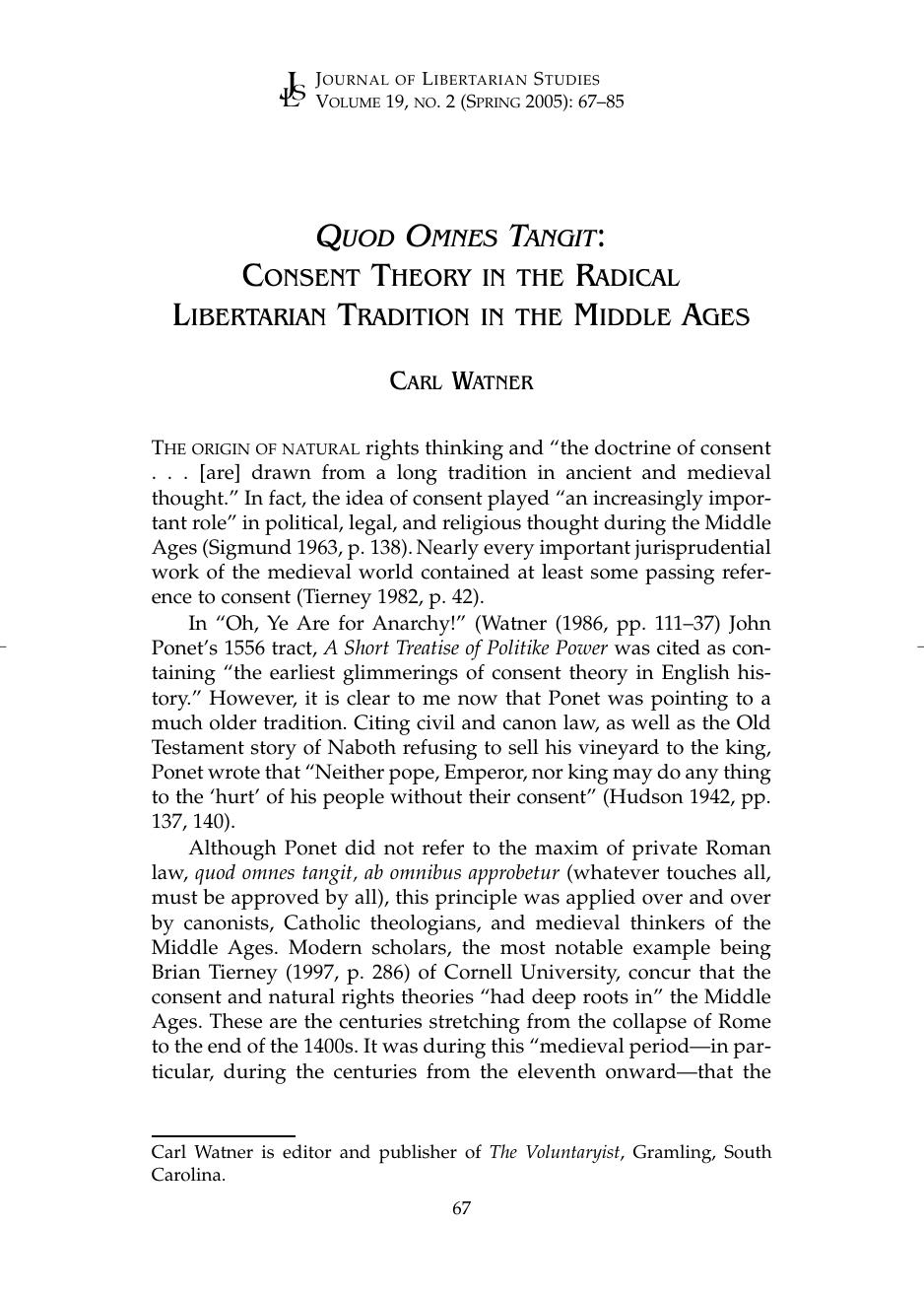 Quod Omnes Tagit: Consent Theory in the Radical Libertarian Tradition in the Middle Ages