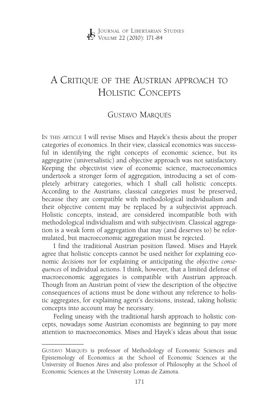 A Critique of the Austrian Approach to Holistic Concepts