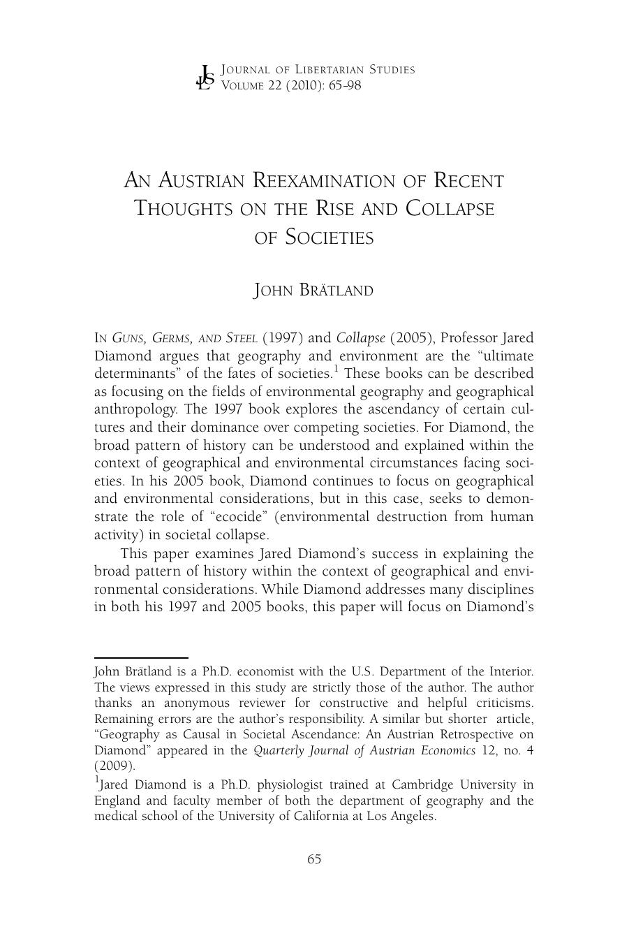 An Austrian Reexamination of Recent Thoughts on the Rise and Collapse of Societies