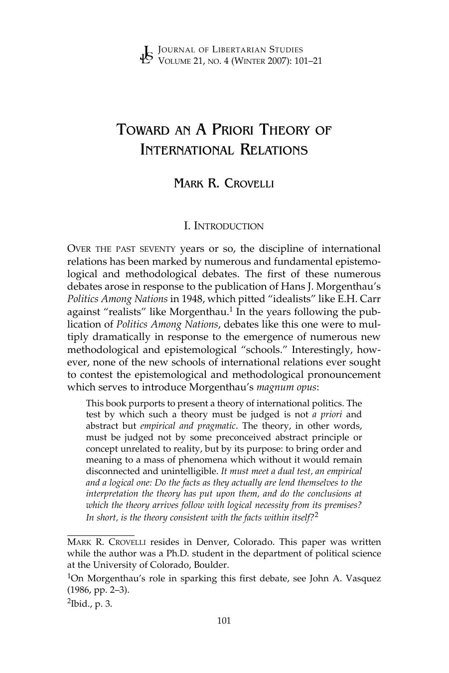 Toward an A Priori Theory of International Relations