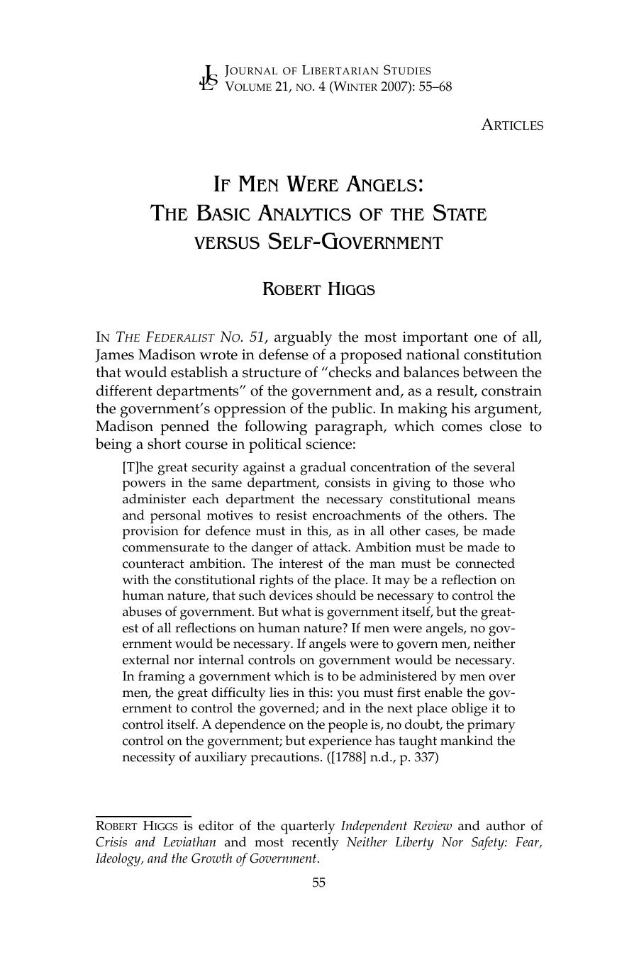 If Men Were Angels: The Basic Analytics of the State versus Self-Government