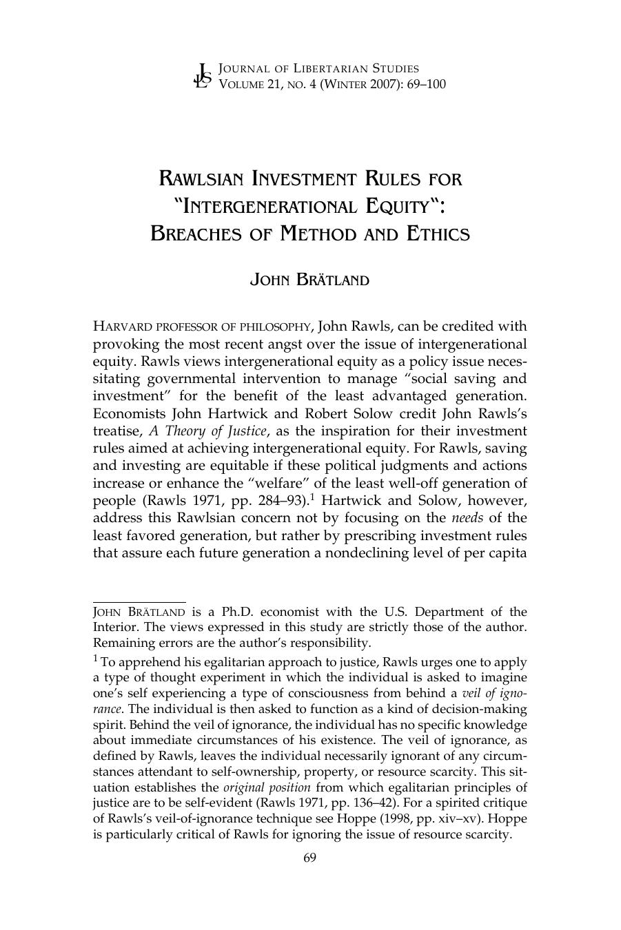 Rawlsian Investment Rules for "Intergenerational Equity": Breaches of Method and Ethics