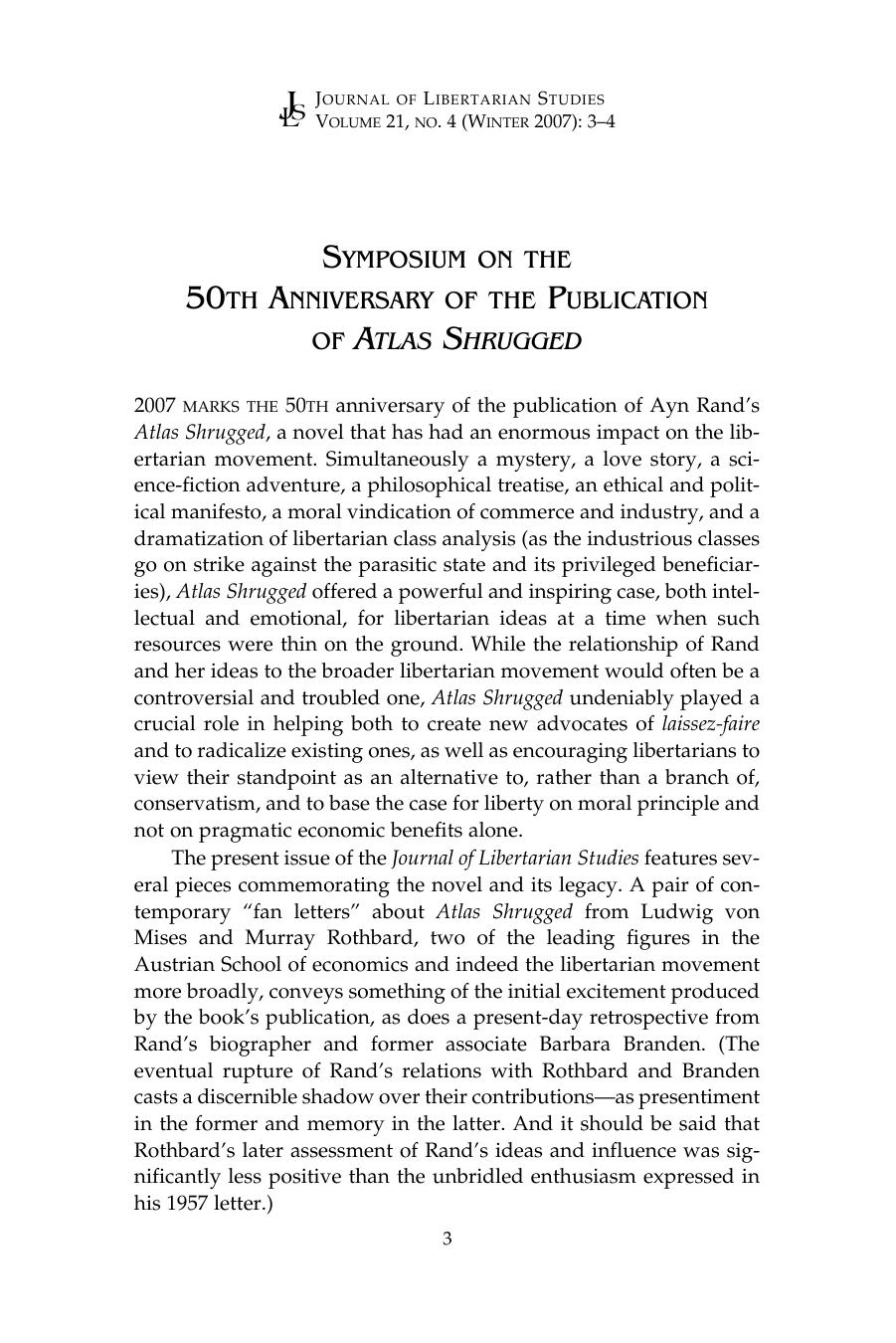 Symposium on the 50th Anniversary of the Publication of <I>Atlas Shrugged<i>