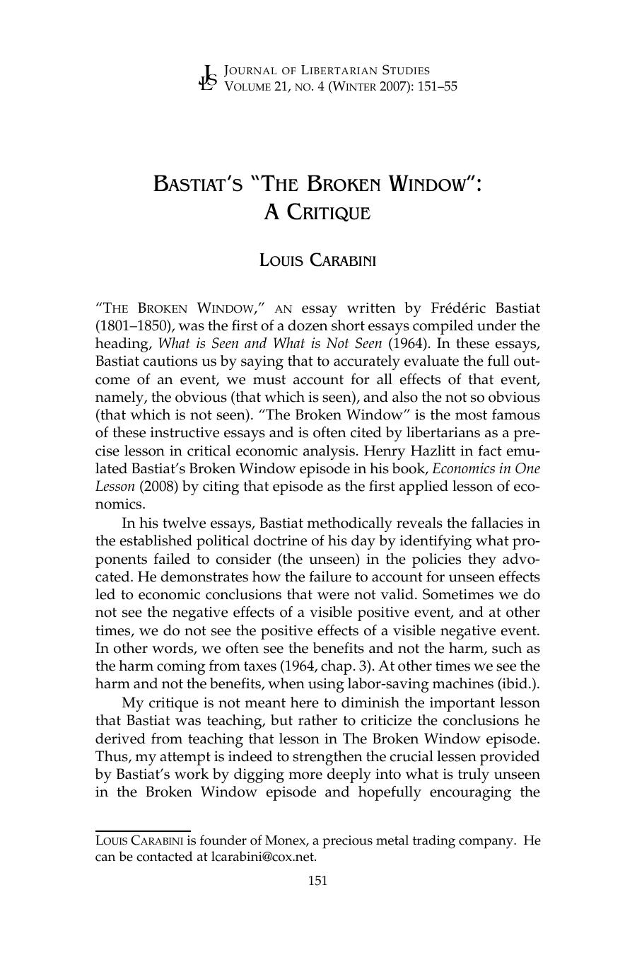 Bastiat's "The Broken Window": A Critique