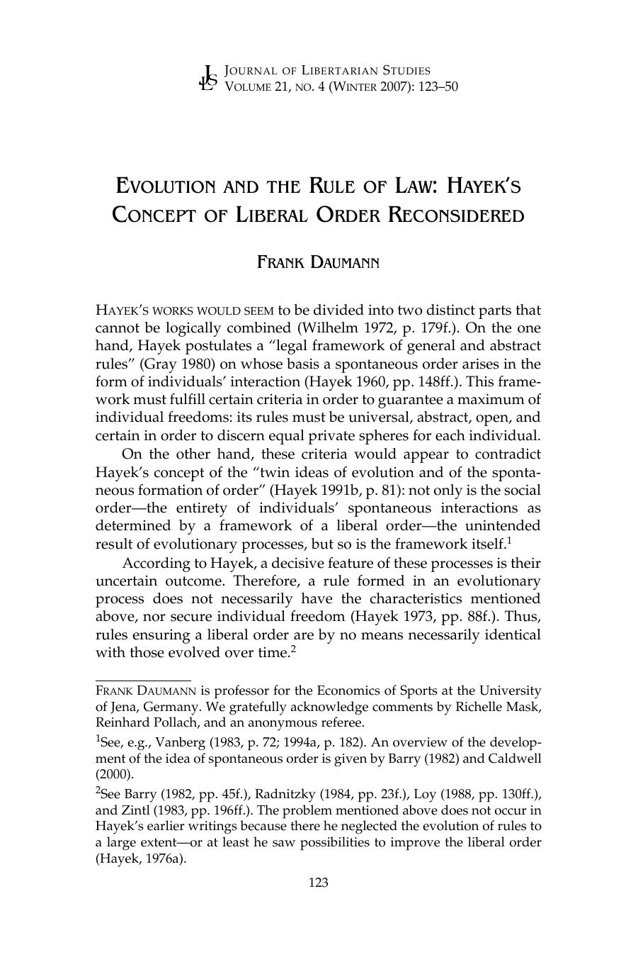 Evolution and the Rule of Law: Hayek's Concept of Liberal Order Reconsidered