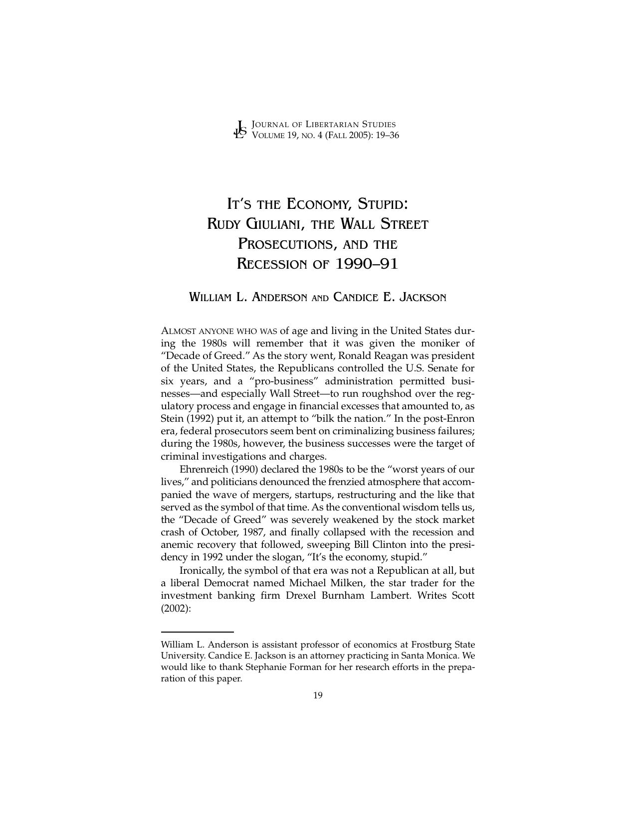 It's the Economy, Stupid: Rudy Giuliani, the Wall Street Prosecutions, and the Recession of 1990–91