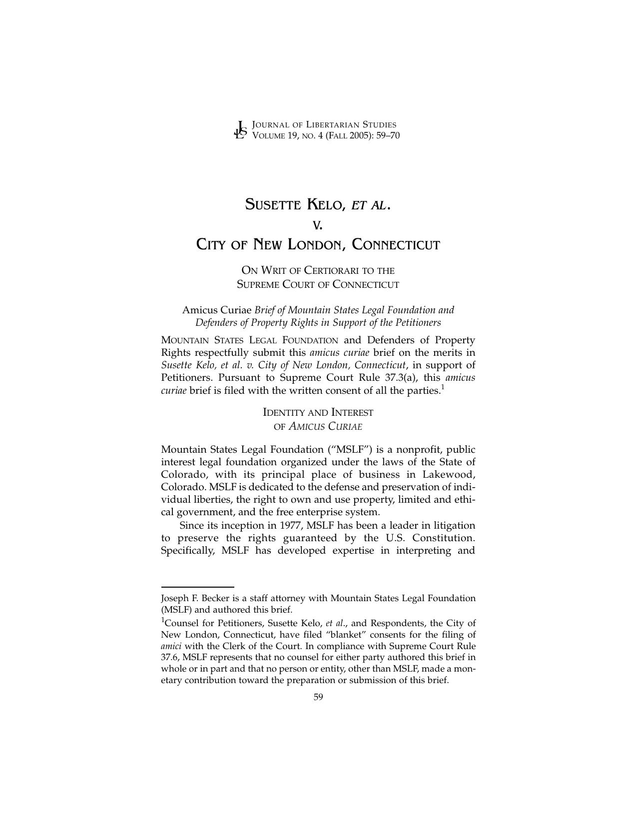 Susette Kelo, <i>et al.</i> v. City of New London, Connecticut