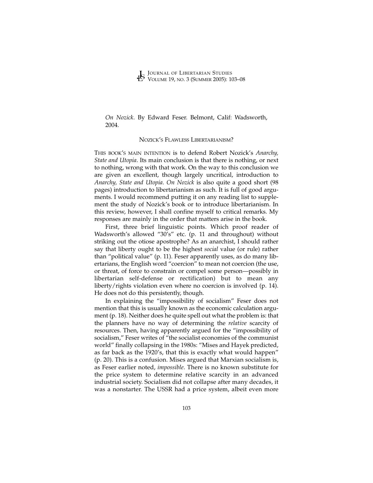 Book Review of <i>On Nozick</i> by Edward Feser