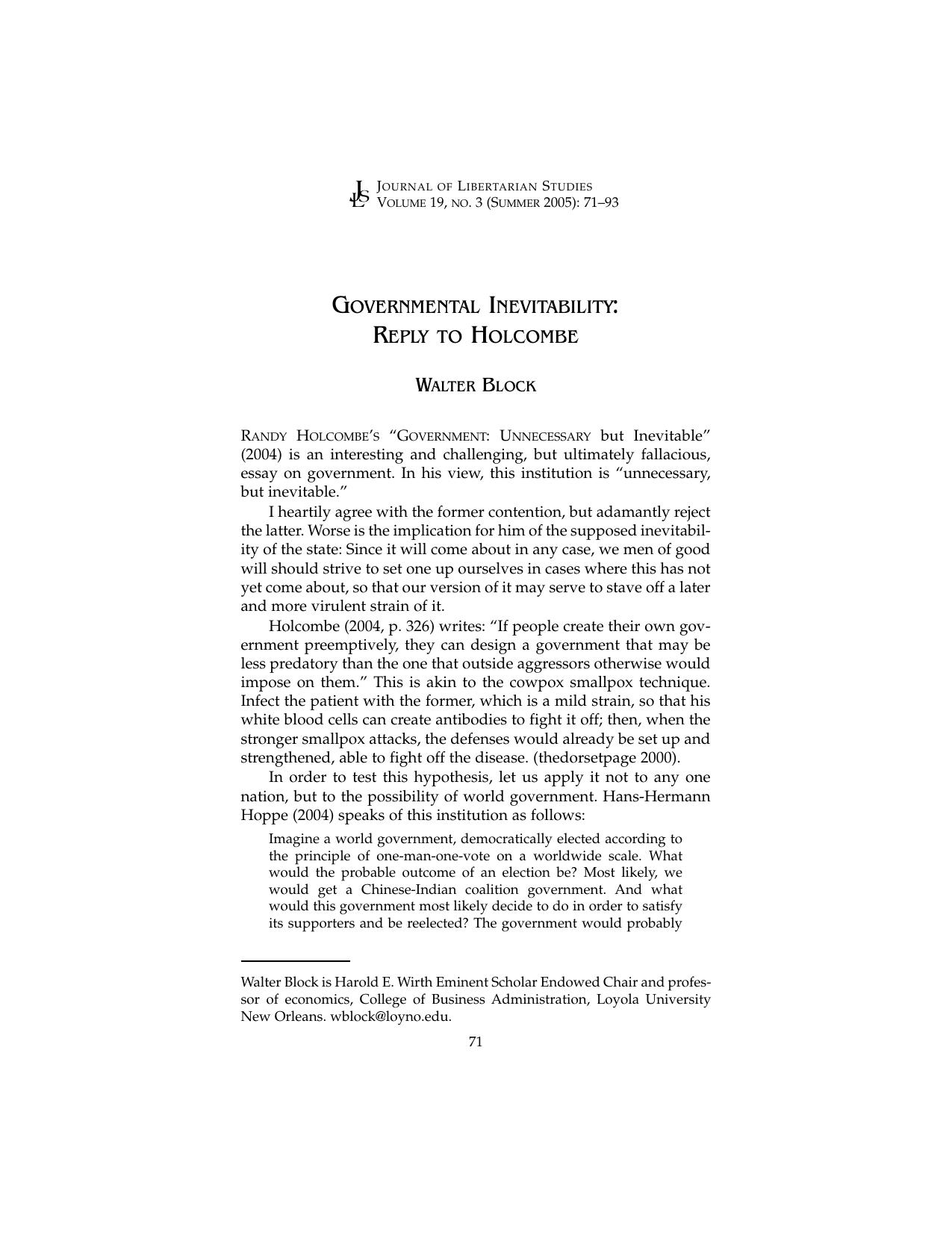 Governmental Inevitability: Reply to Holcombe