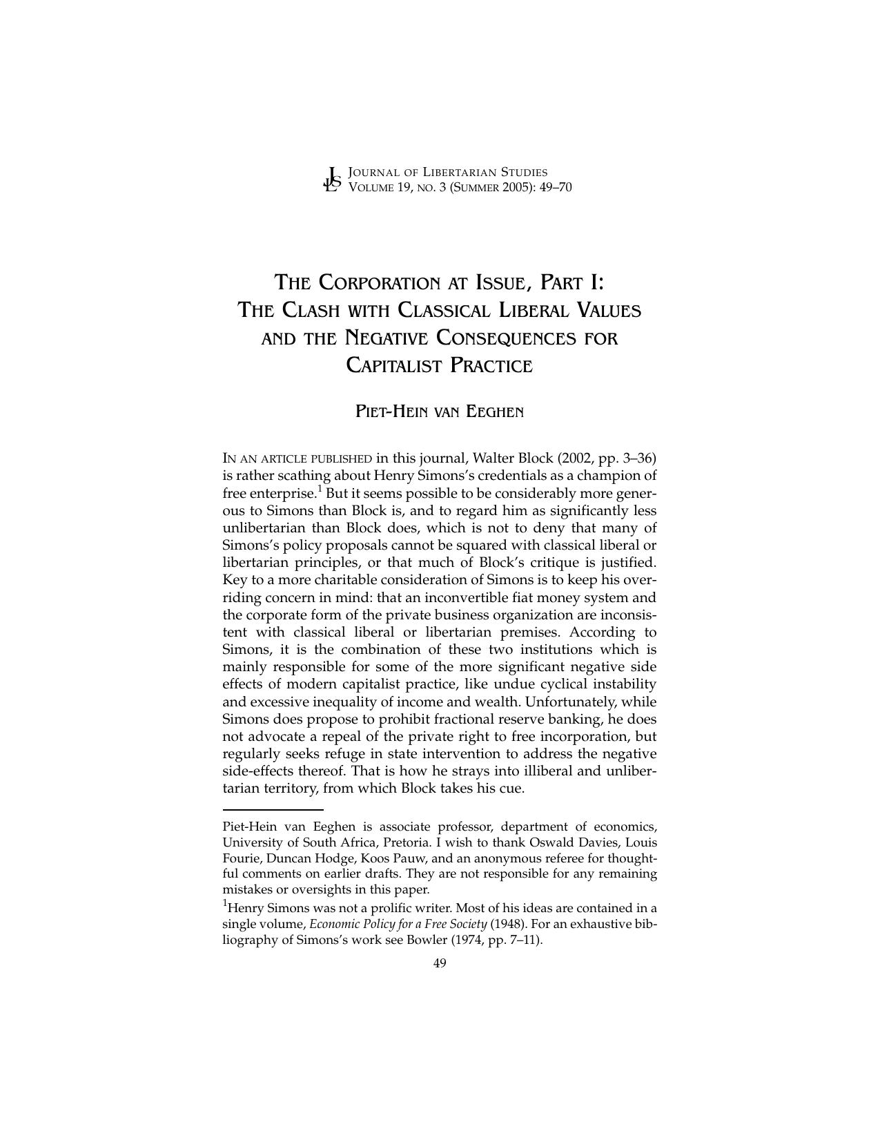 The Corporation at Issue, Part I: The Clash with Classical Liberal Values and the Negative Consequences for Capitalist Practice