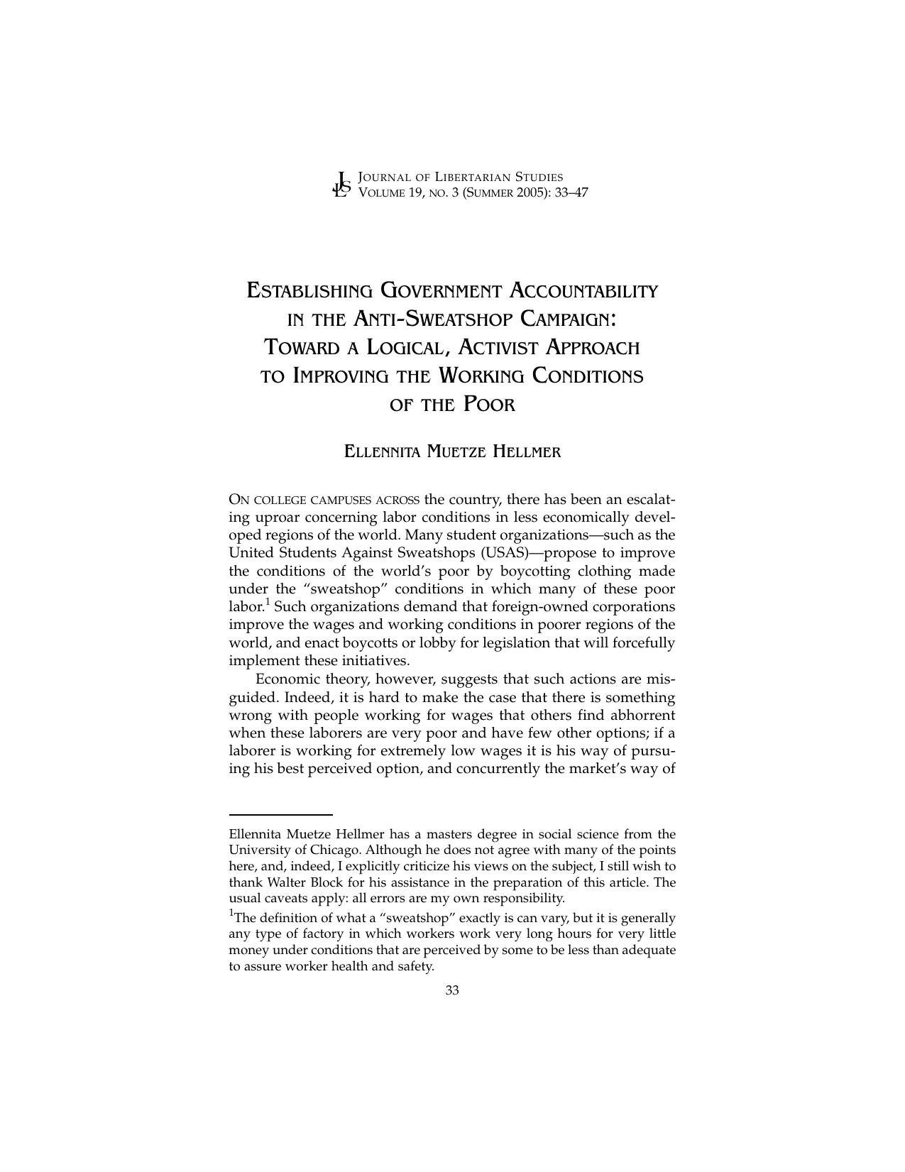 Establishing Government Accountability in the Anti-Sweatship Campaign: Toward a Logical, Activist Approach to Improving the Working Conditions of the Poor