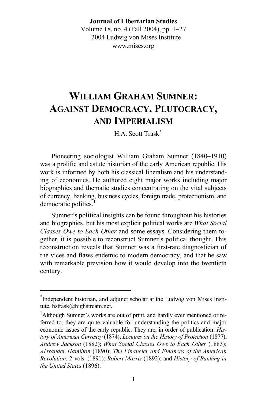 William Graham Sumner: Against Democracy, Plutocracy, and Imperialism