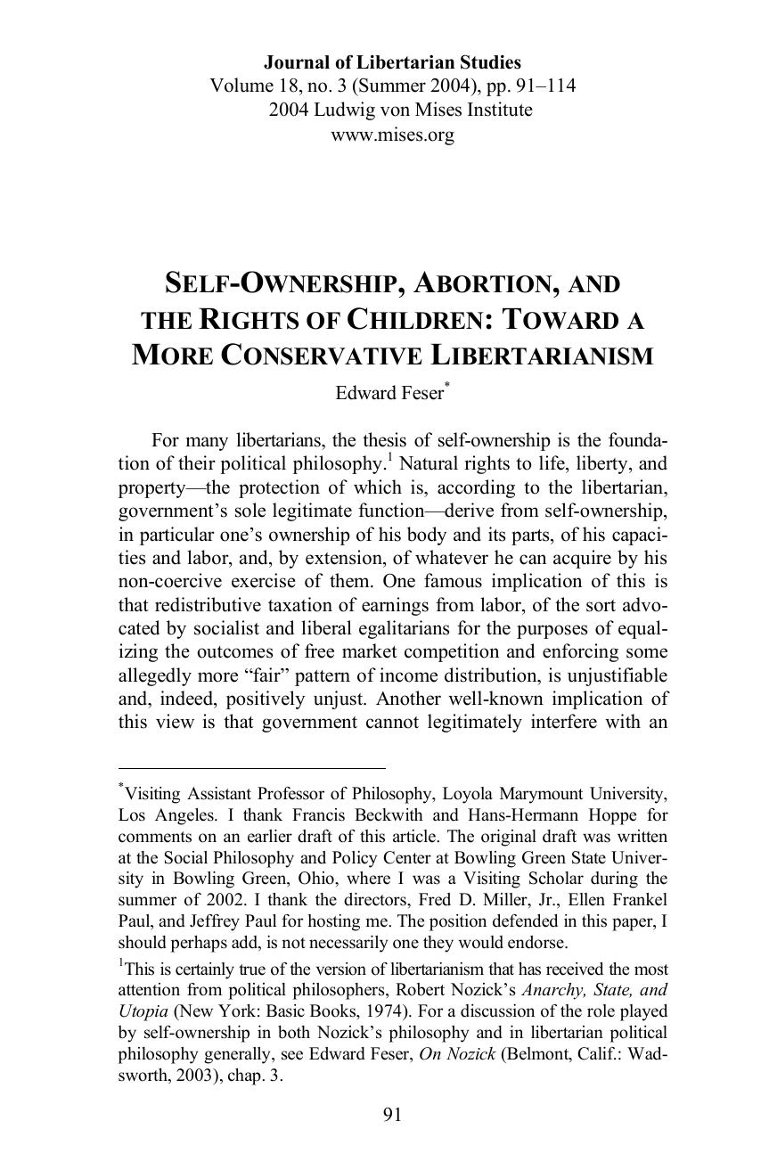 Self-Ownership, Abortion, and the Rights of Children: Toward a More Conservative Libertarianism