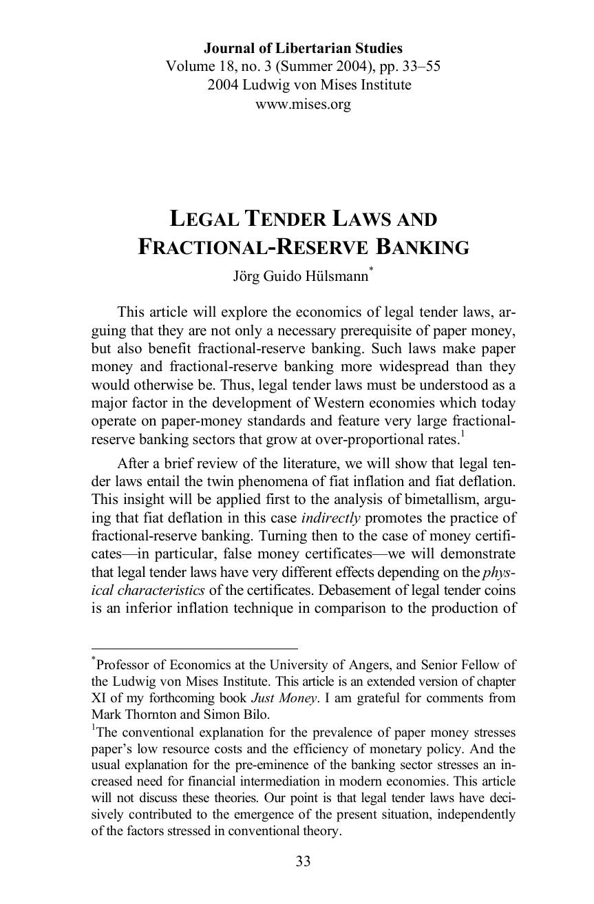 Legal Tender Laws and Fractional-Reserve Banking