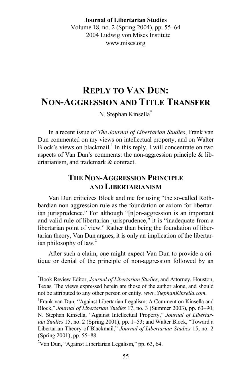 Reply to Van Dun: Non-Agression and Title Transfer