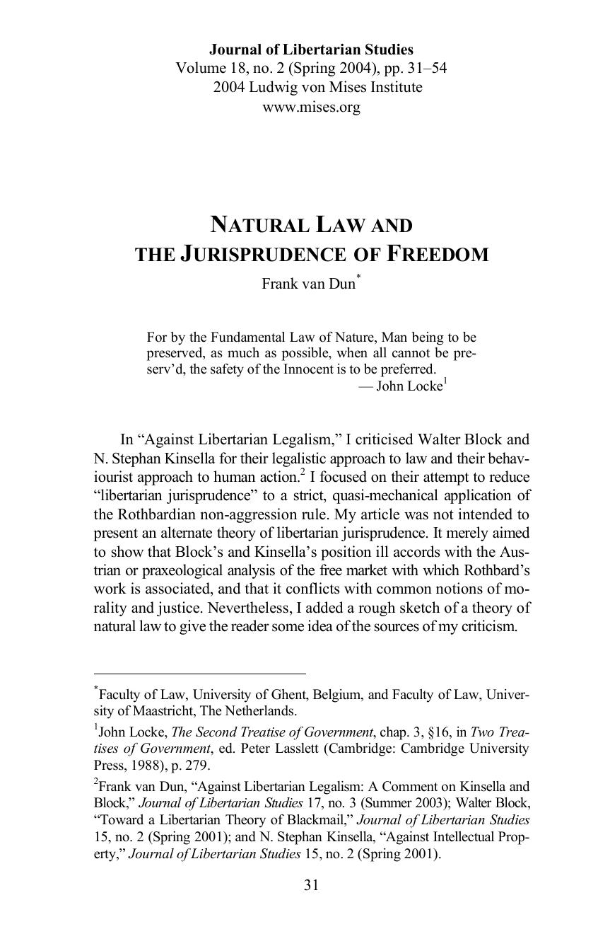 Natural Law and The Jurisprudence of Freedom