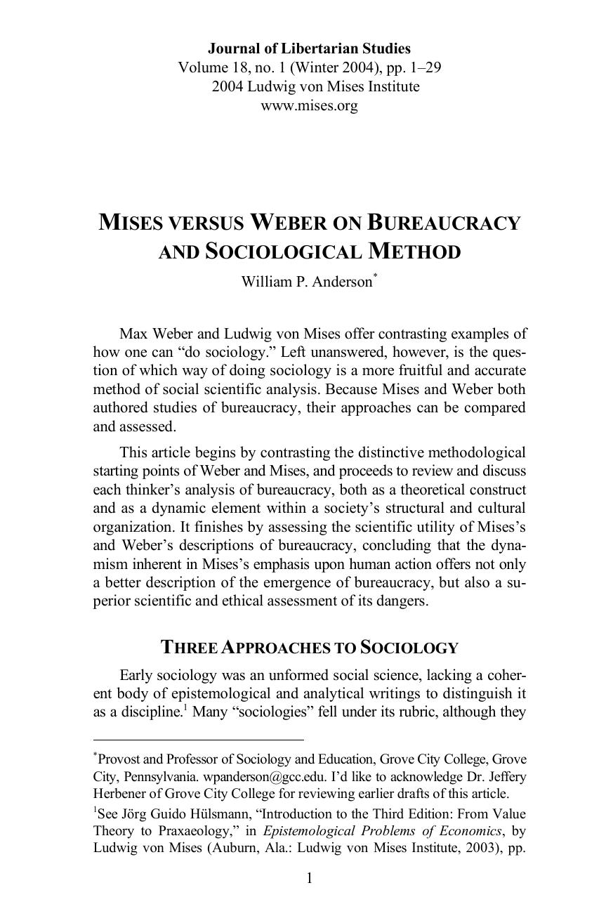 Mises versus Weber on Bureaucracy and Sociological Method