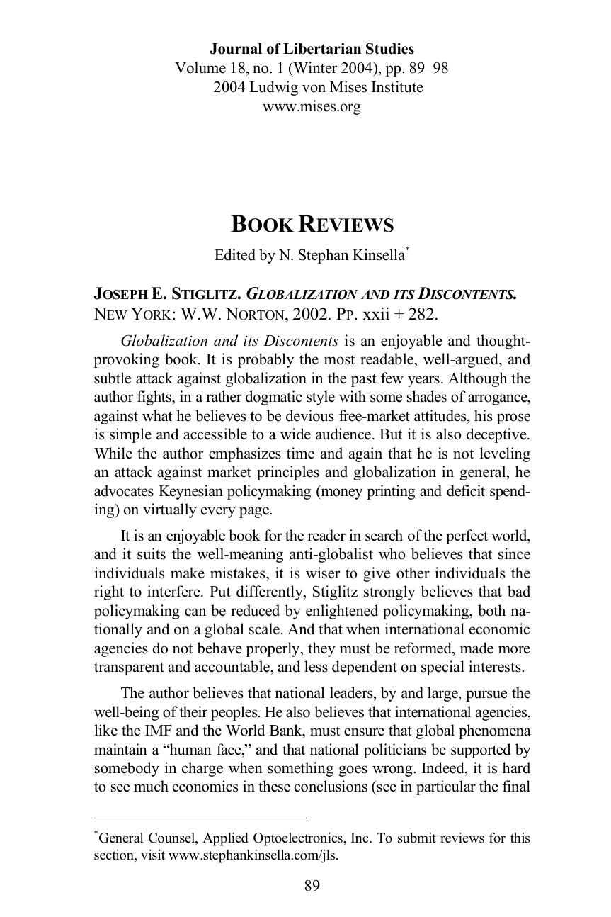 Review of Joseph E. Stiglitz, Globalization and its Discontents