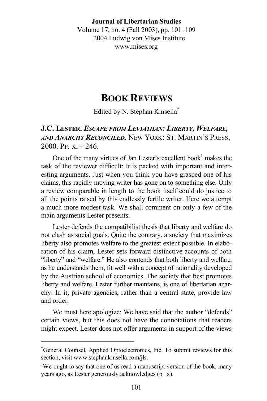 Review of J.C. Lester, Escape from Leviathan: Liberty, Welfare, and Anarchy Reconciled