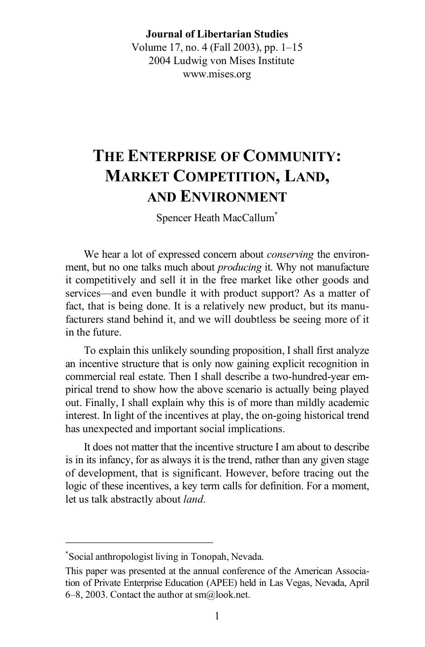 The Enterprise of Community: Market Competition, Land, and Environment