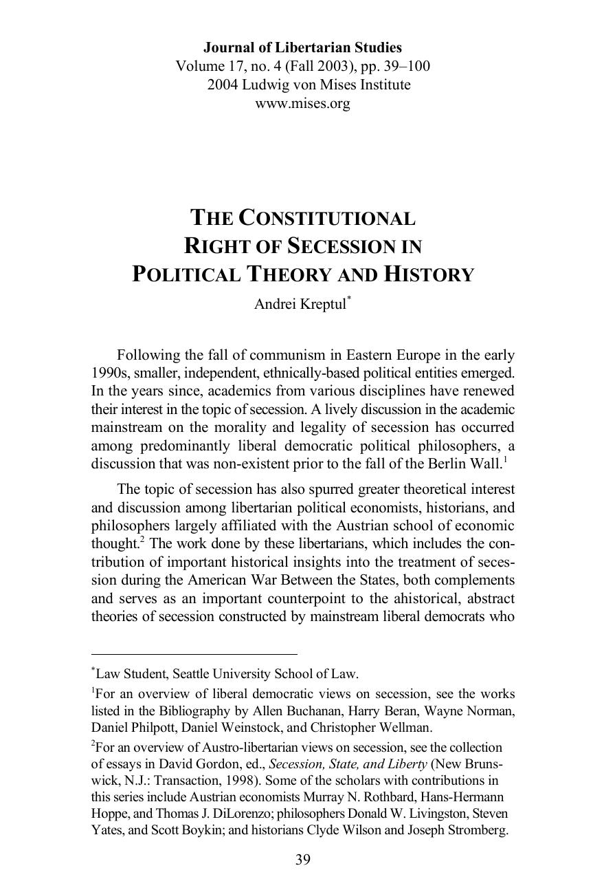 The Constitutional Right of Secession in Political Theory and History