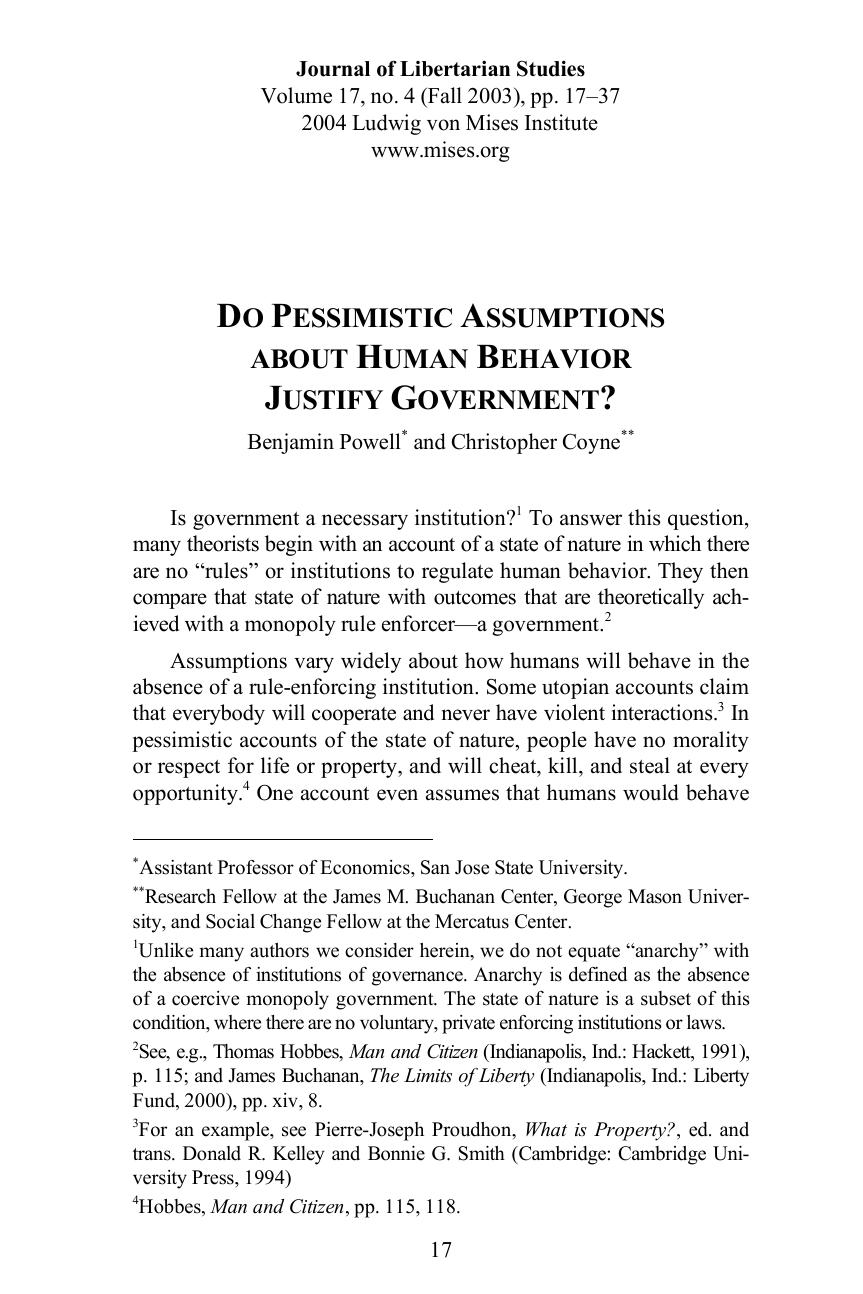 Do Pessimistic Assumptions about Human Behavior Justify Government?