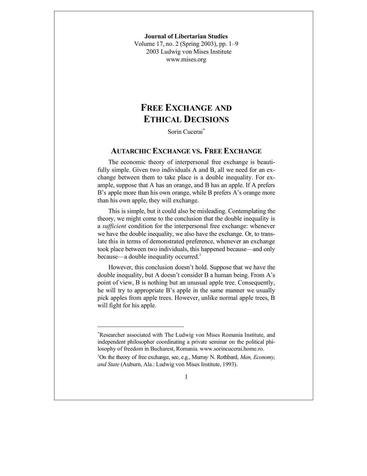 Free Exchange and Ethical Decisions