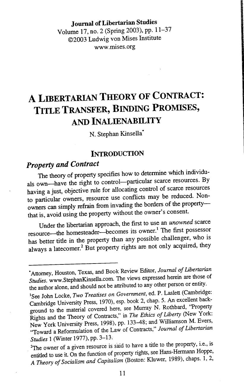 A Libertarian Theory of Contract: Title Transfer, Binding Promises, and Inalienability