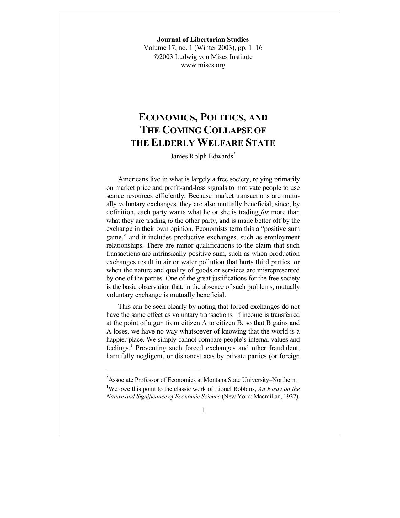 Economics, Politics, and the Coming Collapse of the Elderly Welfare State