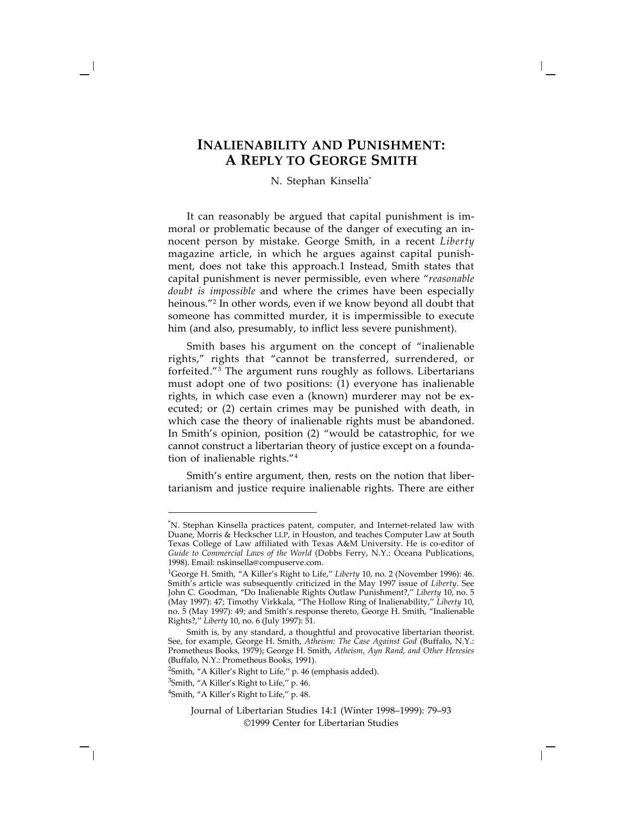Inalienabilty And Punishment: A Reply to George Smith