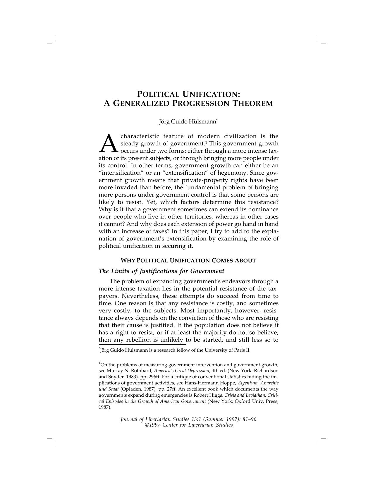Political Unification: A Generalized Progression Theorem