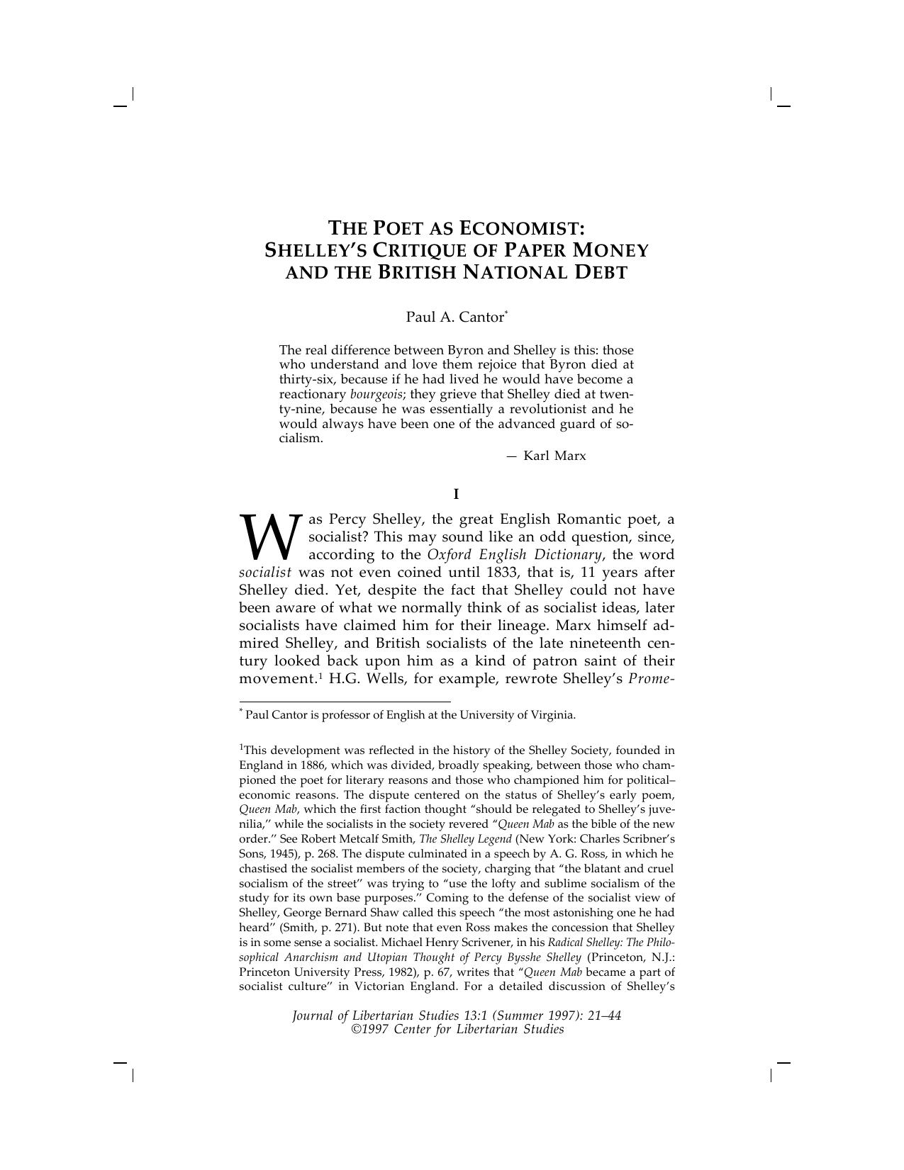 THE POET AS ECONOMIST: SHELLEY’S CRITIQUE OF PAPER MONEY AND THE BRITISH NATIONAL DEBT