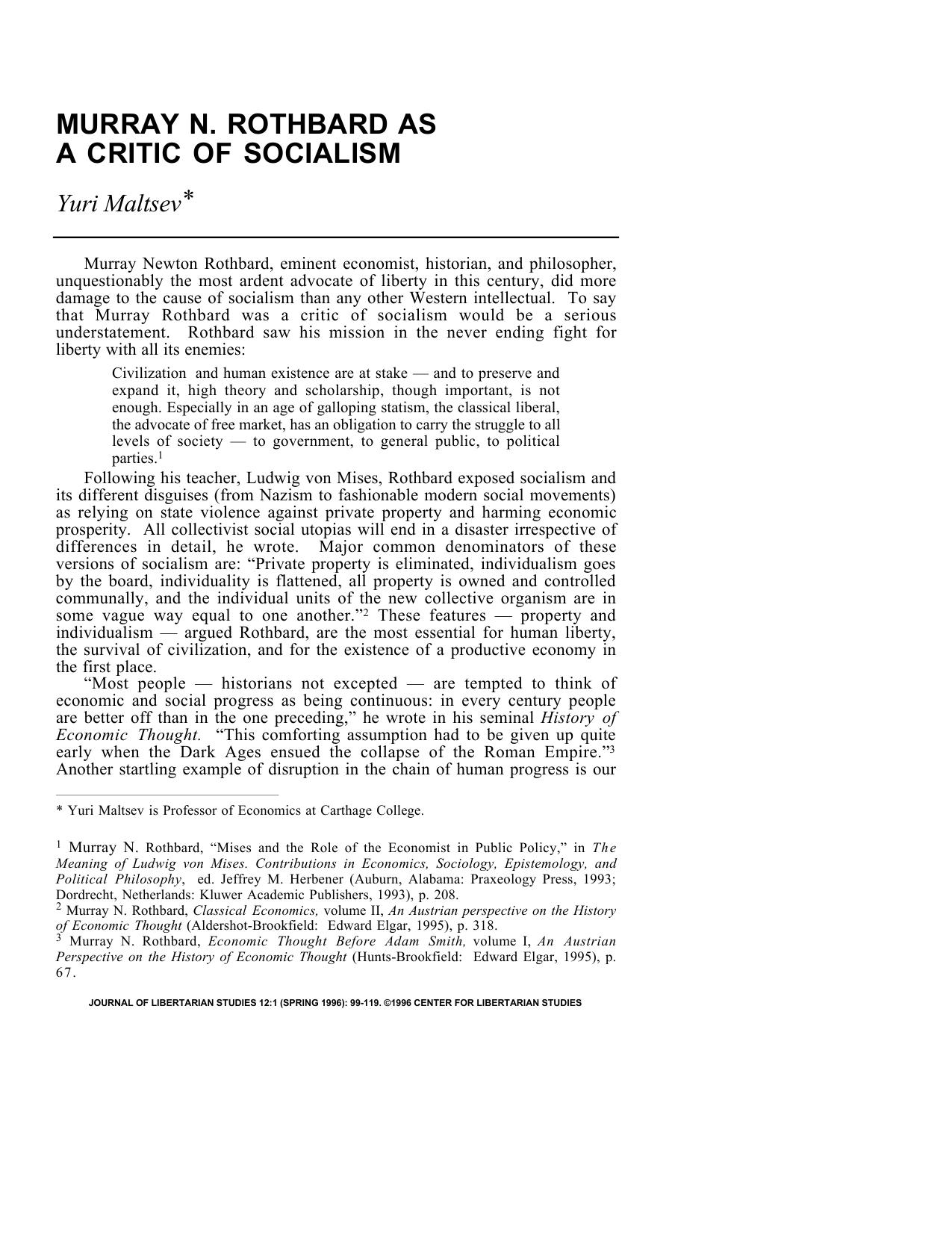 Murry N. Rothbard as a Critic of Socialism