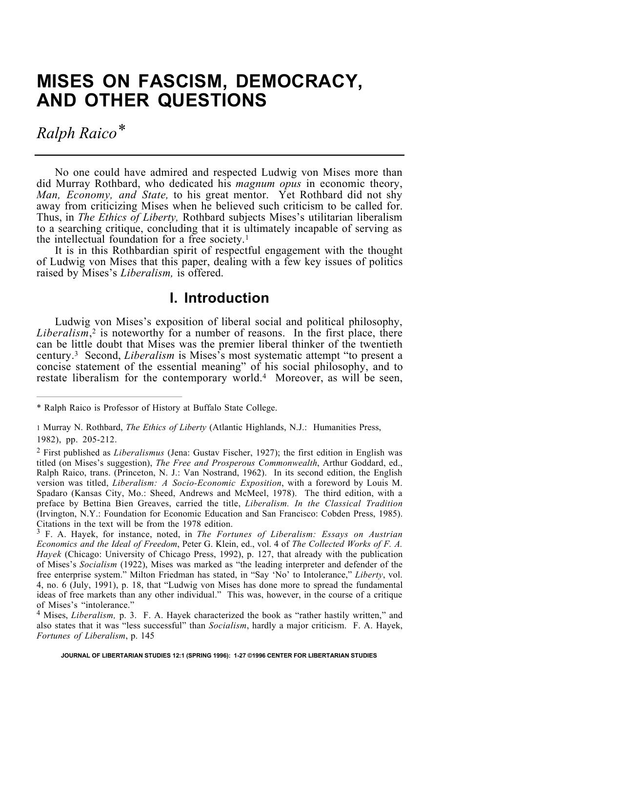 MISES ON FASCISM, DEMOCRACY, AND OTHER QUESTIONS
