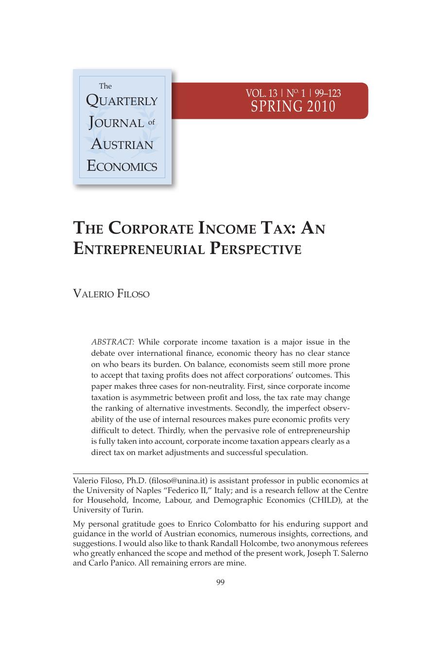 The Corporate Income Tax: An Entrepreneurial Perspective