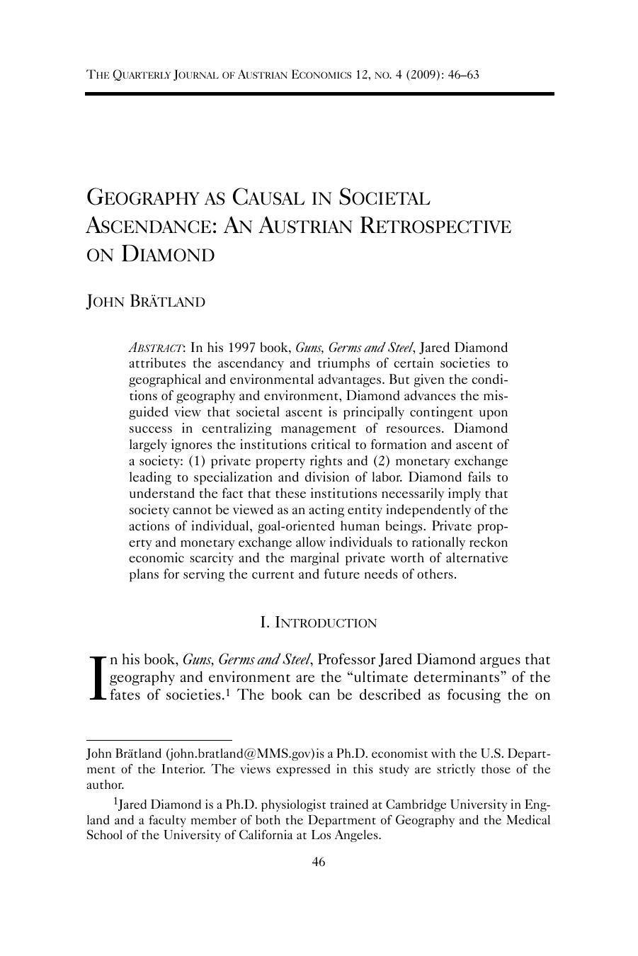 Geography as Causal in Societal Ascendance: An Austrian Retrospective on Diamond