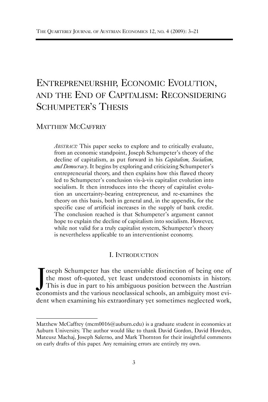 Entrepreneurship, Economic Evolution, and the End of Capitalism: Reconsidering Schumpeter's Thesis