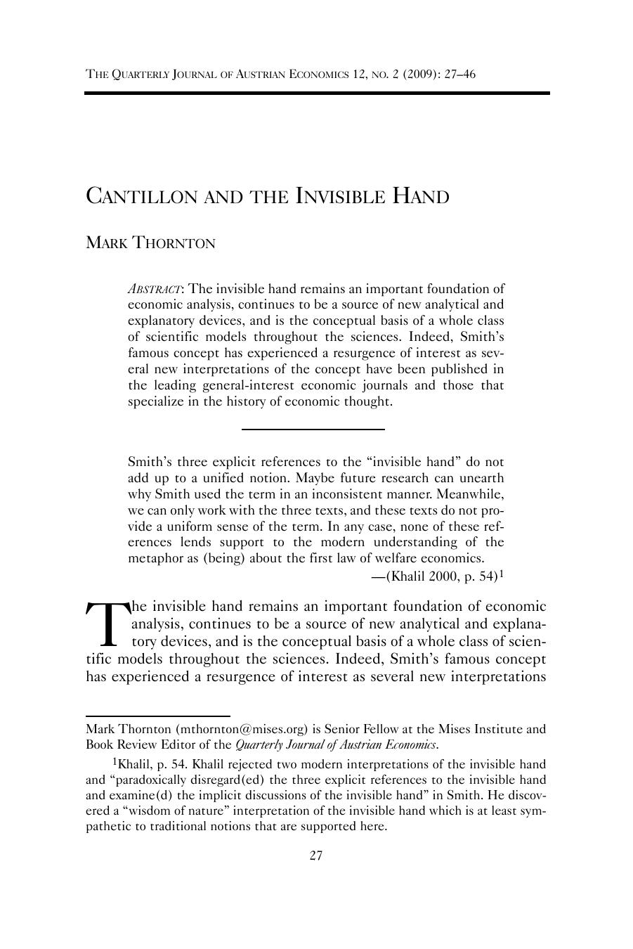 Cantillon and the Invisible Hand