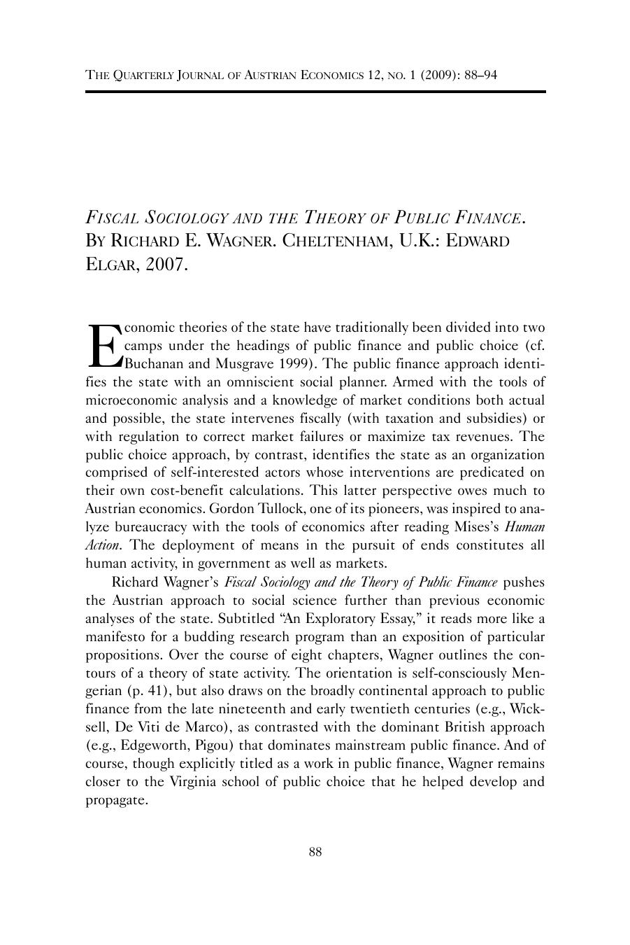 Review of Fiscal Sociology and the Theory of Public Finance. By Richard E. Wagner