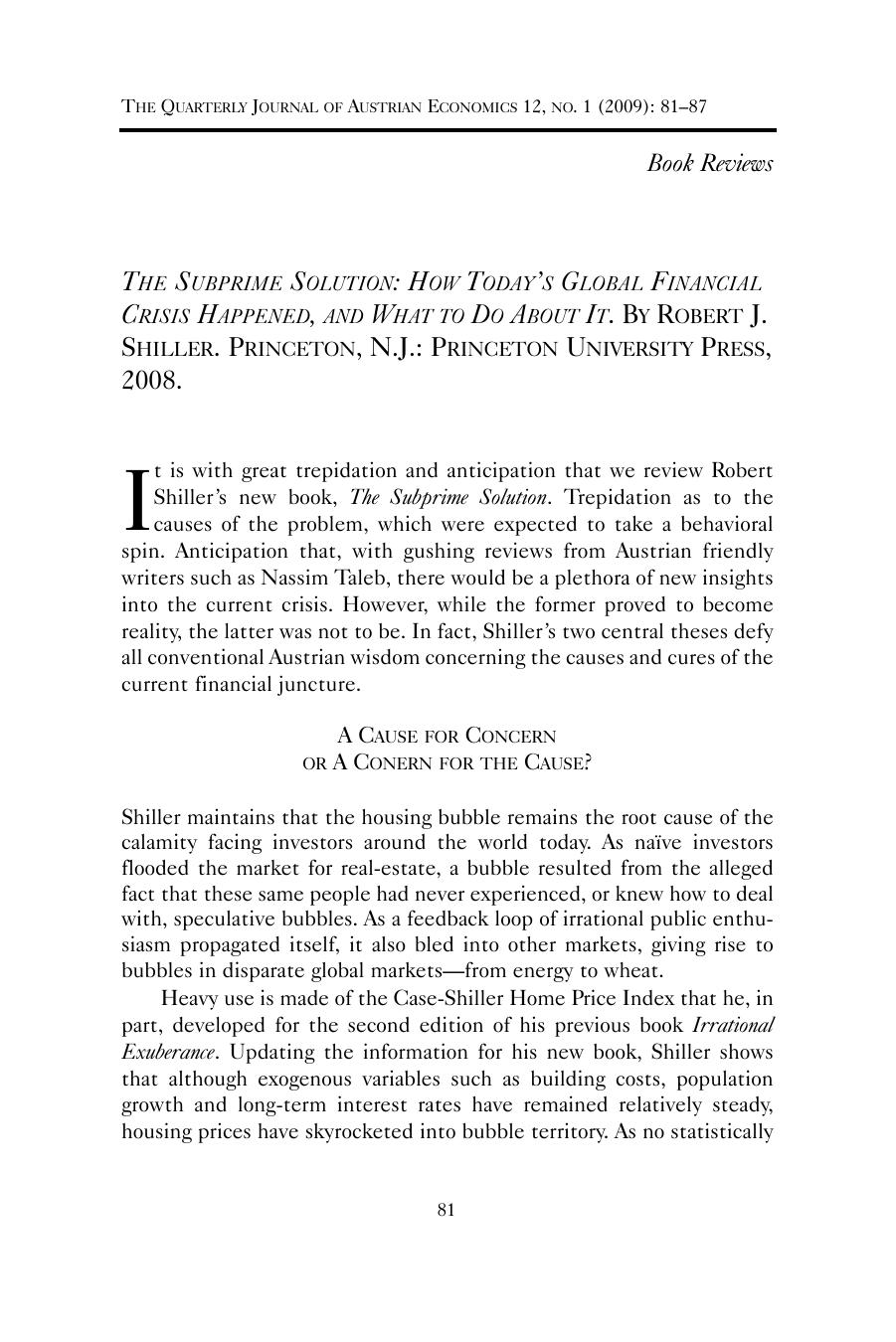 Review of The Subprime Solution: How Today's Global Financial Crisis Happened, and What to Do About It. By Robert J. Shiller
