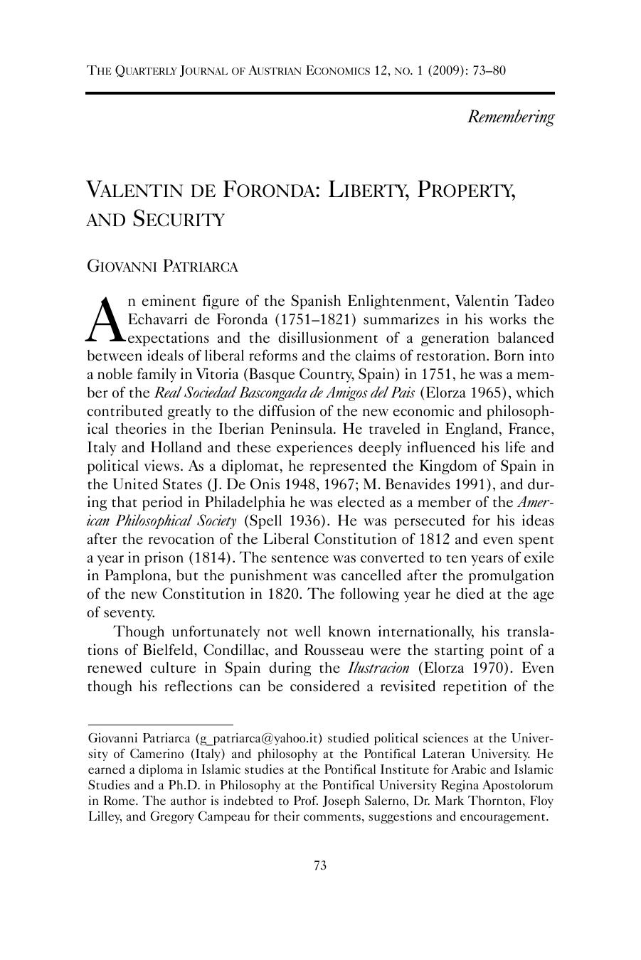 Valentin de Foronda: Liberty, Property, and Security