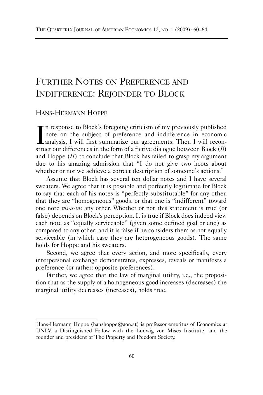 Further Notes on Preference and Indifference: Rejoinder to Block