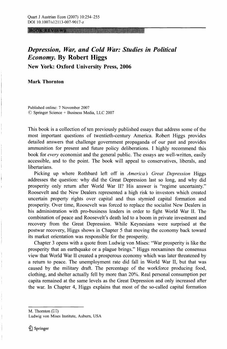 Depression, War, and Cold War: Studies in Political Economy. By Robert Higgs