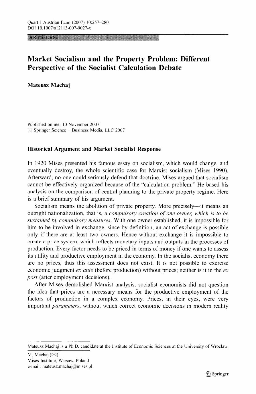 Market Socialism and the Property Problem: Different Perspective of the Socialist Calculation Debate