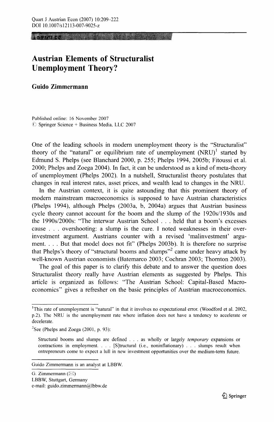 Austrian Elements of Structuralist Unemployment Theory?