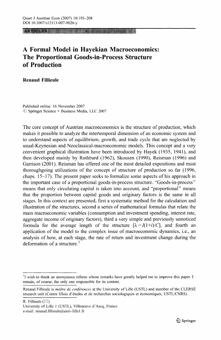 A Formal Model in Hayekian Macroeconomics: The Proportional Goods-in-Process Structure of Production