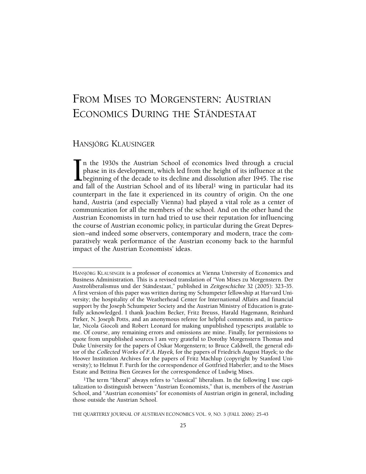 FROM MISES TO MORGENSTERN: AUSTRIAN Economics During the Standestaat