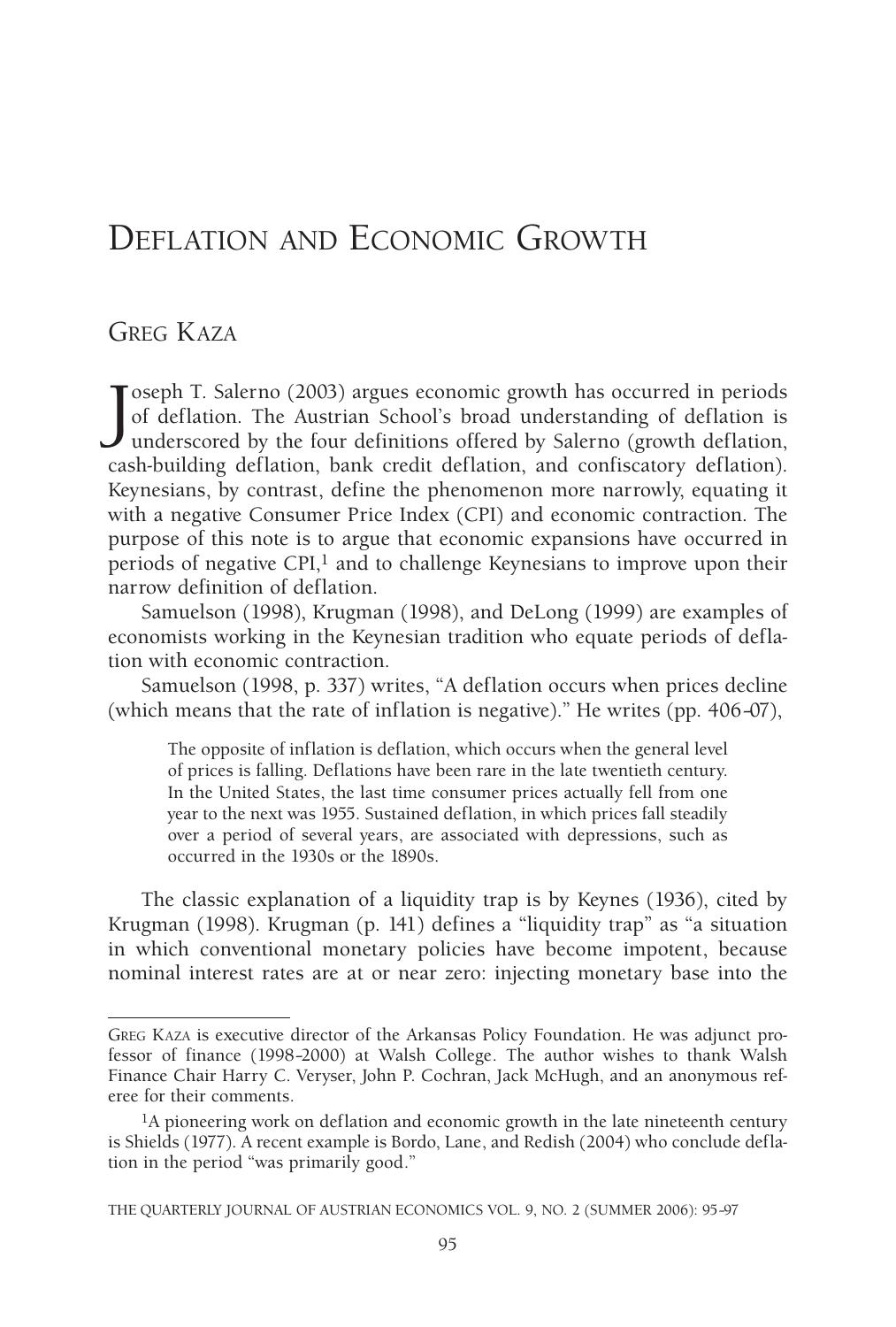Deflation and Economic Growth