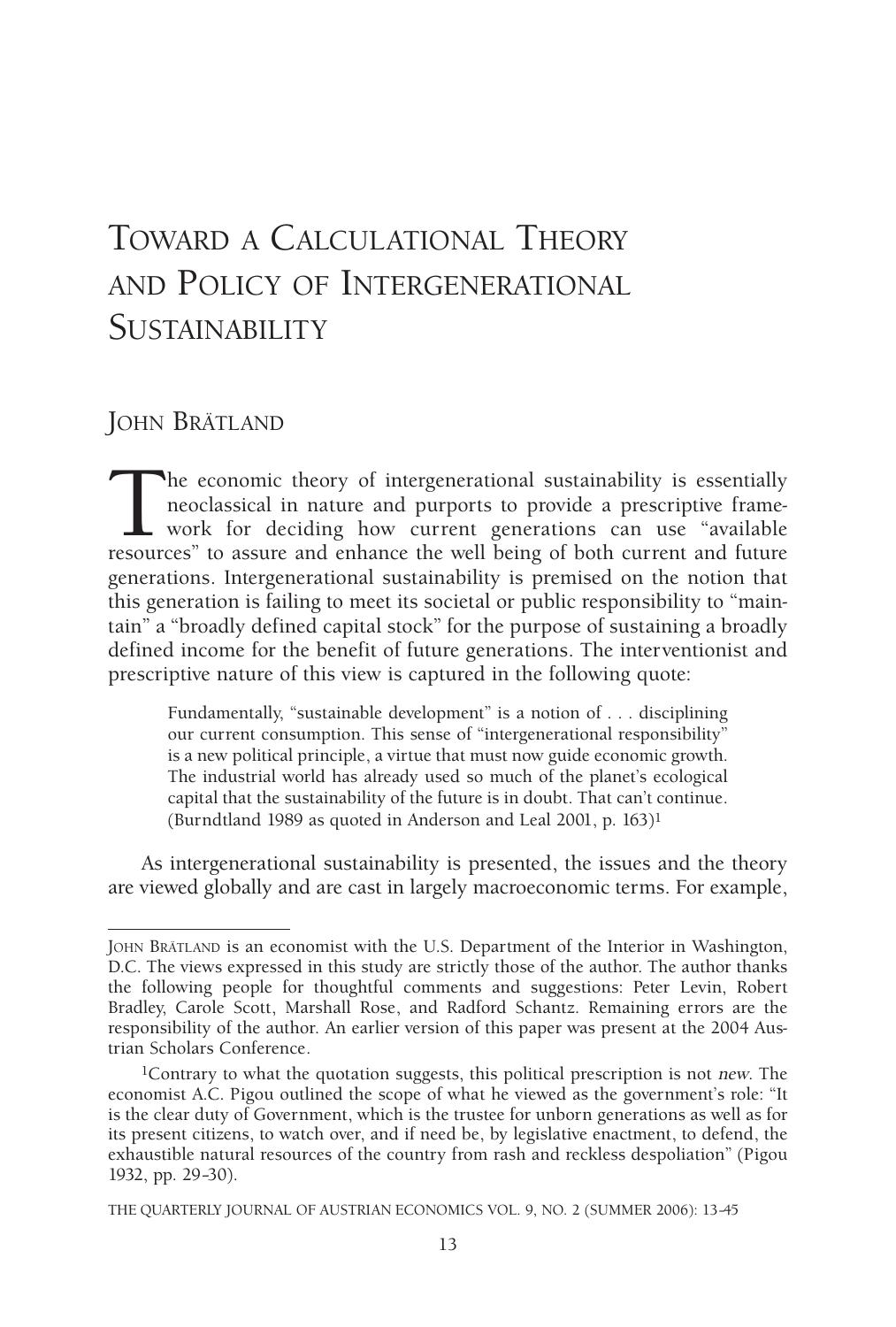 Toward A Calculational Theory and Policy of Intergenerational Sustainability